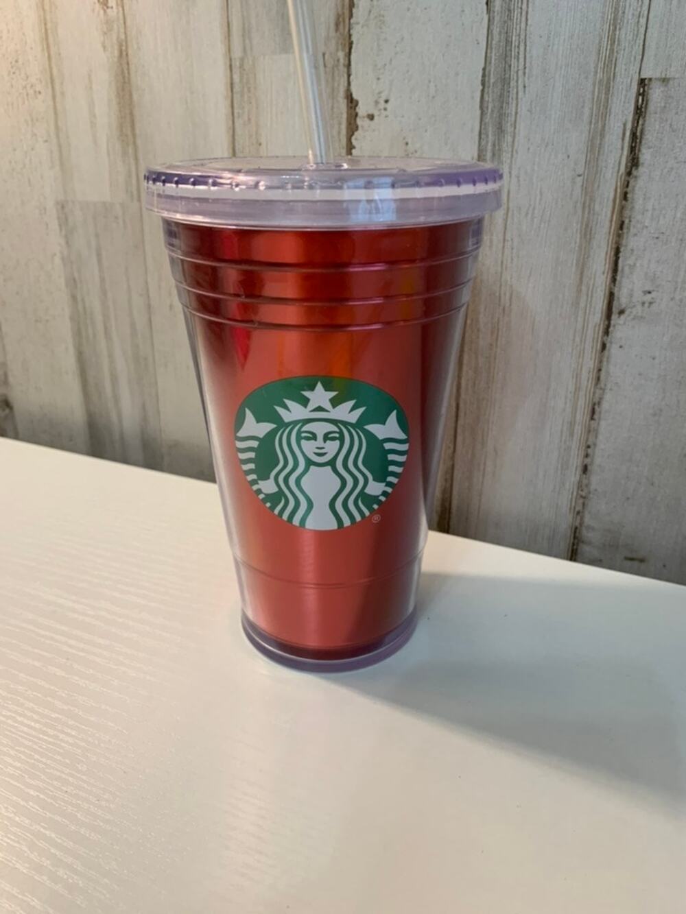 Starbucks Red Metallic Foil Tumbler 16 oz w/ Lid & Straw